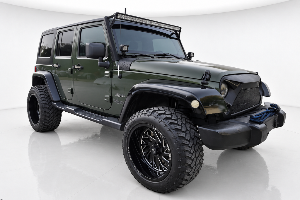 Green 2009 Jeep Wrangler in professional white studio